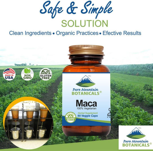 Pure Mountain Botanicals Maca Root Capsules - 90 Kosher Vegan Pills Now With 1000 Mg Organic Raw Macca And Gelatinized Maca Root