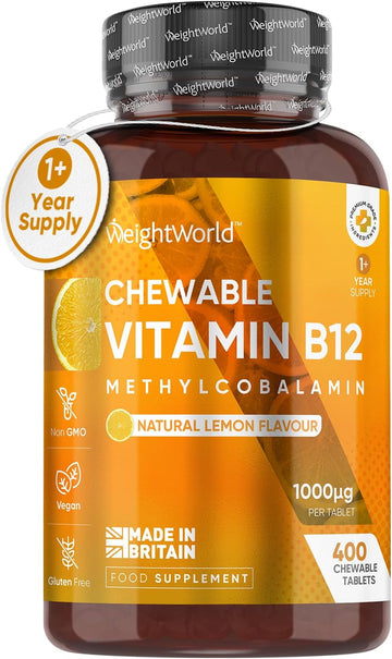 Vitamin B12 High Strength 1000Mcg - 1+ Year Supply - 400 Chewable & Vegan Vitamin B12 Tablets - Sugar-Free Methylcobalamin - Vit B12 Supplement For Tiredness & Fatigue - Lemon Flavour - Made In The Uk