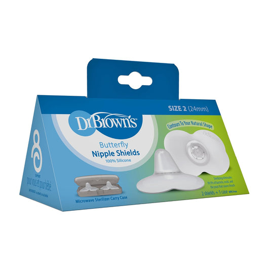 Dr. Brown'S Butterfly Breastfeeding Nipple Shields For Protecting Sore, Flat Or Inverted Nipples, Essential For Latching Difficulties With Microwave Sterilizer Carrying Case, Size 2, 24Mm