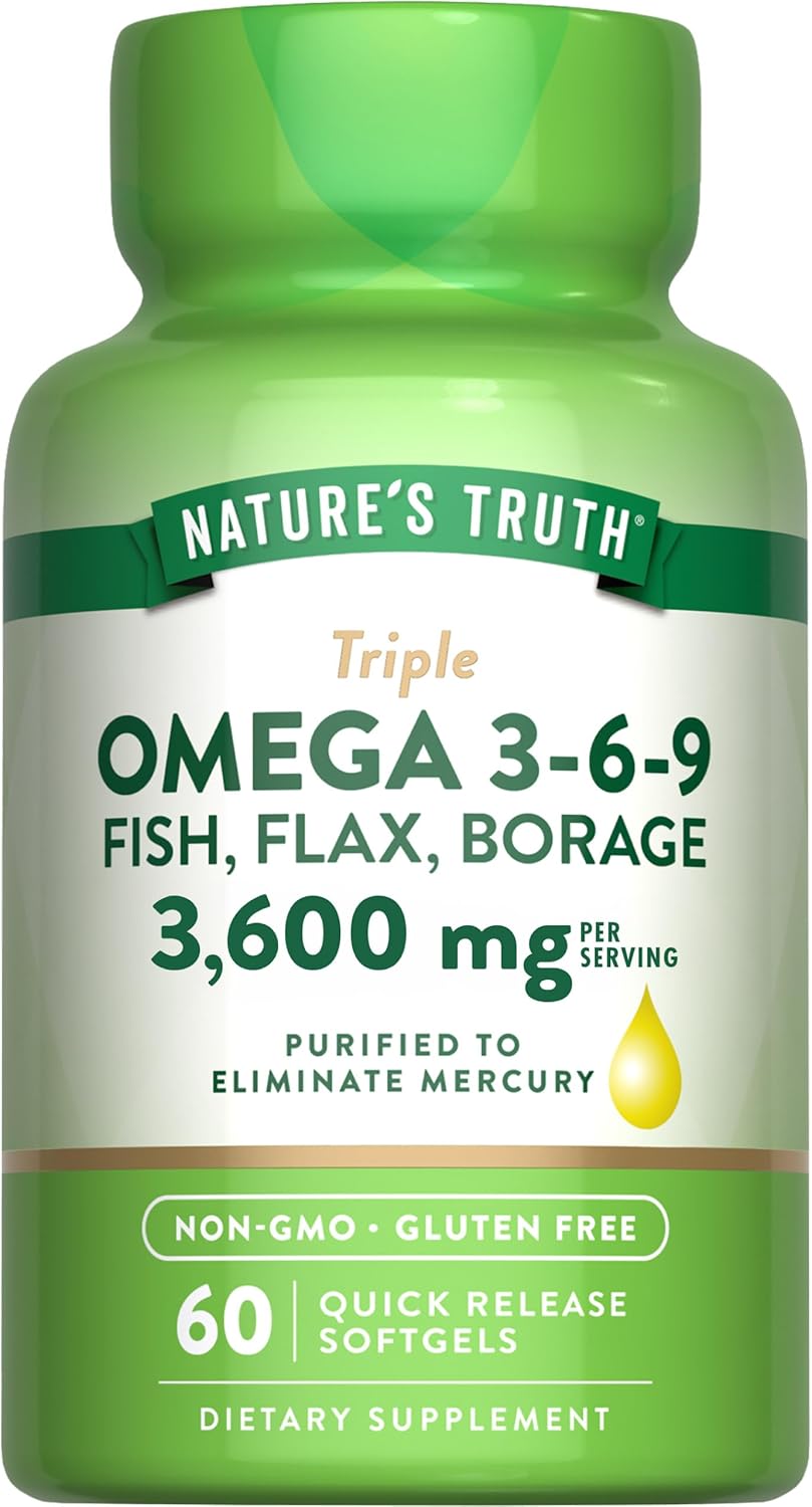 Nature'S Truth Triple Omega 3-6-9 Softgels | 3600Mg | 60 Count | Fish, Flax, Borage Oils Supplement | Non-Gmo & Gluten Free Supplement