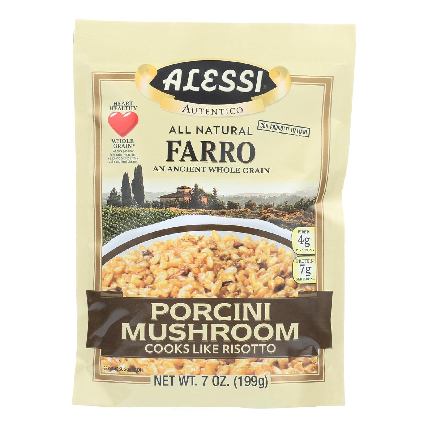 Alessi Autentico, Premium Seasoned Roman Grain Farro, Cooks Like Risotto, Heart Healthy, Easy to Prepare, 7oz (Porcini Mushroom, Pack of 6)
