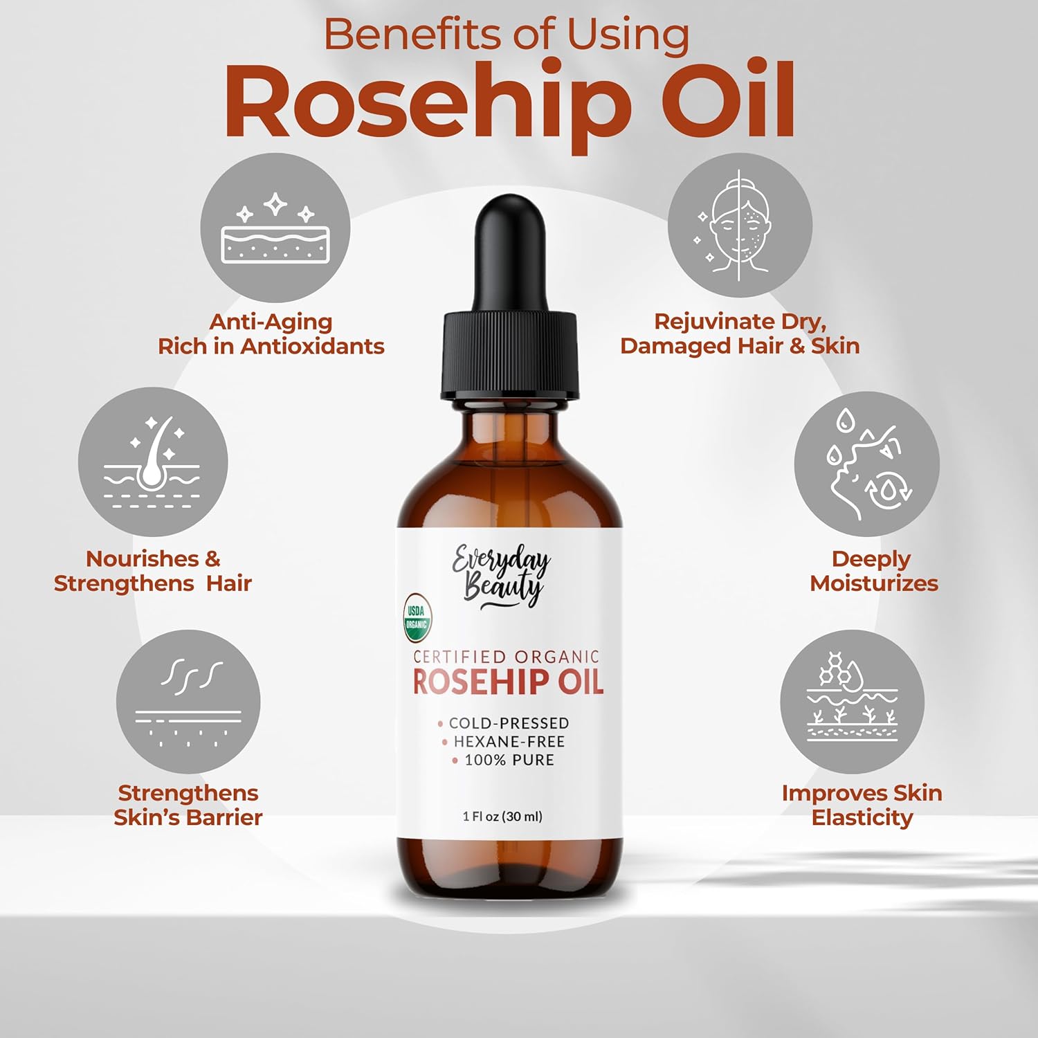 Organic Rosehip Seed Oil | 100% Pure, Cold-Pressed, Unrefined | Usda Certified Organic | Amber Glass Bottle With Glass Dropper | For Face, Skin & Hair - 1 Fl Oz : Beauty & Personal Care