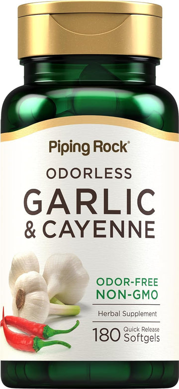 Piping Rock Garlic and Cayenne Supplements | 180 Softgels | Odorless Garlic Extract 1000mg | Non-GMO, Gluten Free