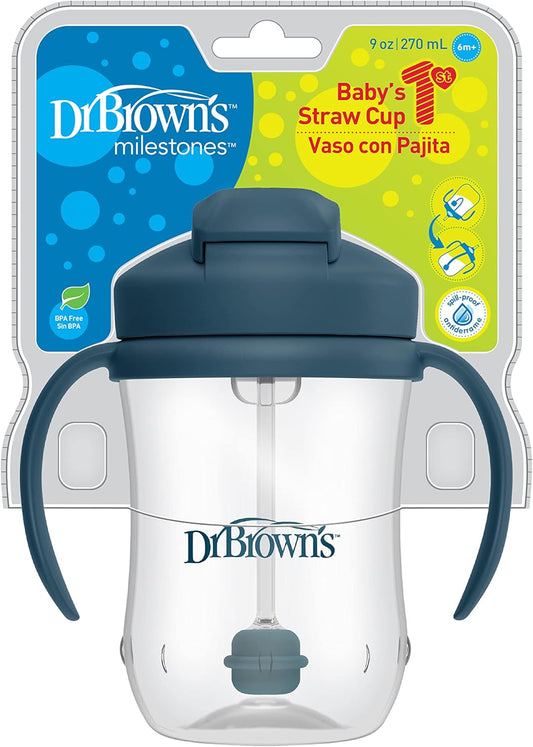 Dr. Brown’S Milestones Baby’S First Straw Cup, Training Cup With Weighted Straw, Dark Blue, 6M+