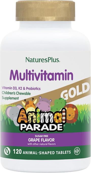 Natures Plus Animal Parade Gold Children'S Multivitamin, Grape Flavor - 120 Chewable Animal Shaped Tablets, Pack Of 2 - Vegan, Gluten Free - 120 Servings