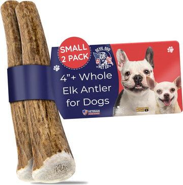 Devil Dog Pet Co. Elk Antlers for Dogs, 2 Pack, Small 4”+ – Grade A Long Lasting Dog Bones for Aggressive Chewers, Premium USA Naturally Shed Antler Dog Chew – Healthy, No Odor, Dog Antler Chews