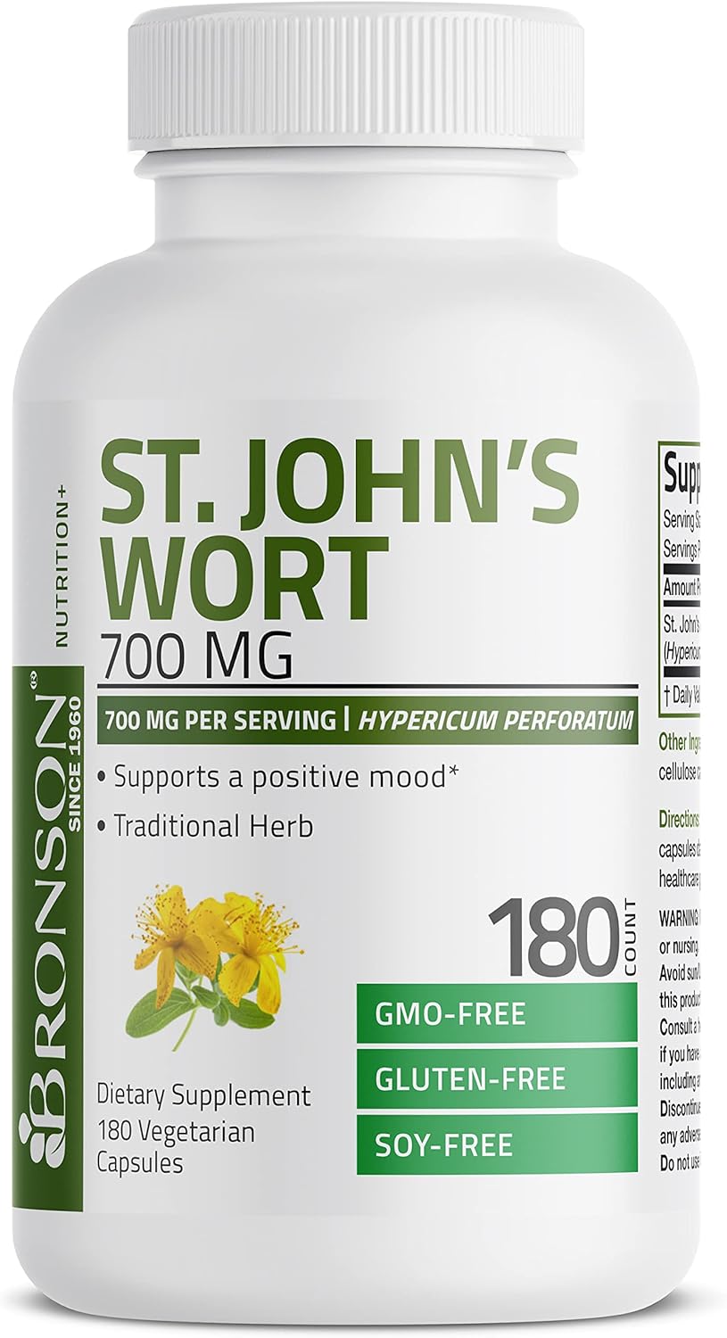 Bronson St. John's Wort 700 MG per Serving Hypericum Perforatum Supports a Positive Mood - Non-GMO, 180 Vegetarian Capsules : Health & Household