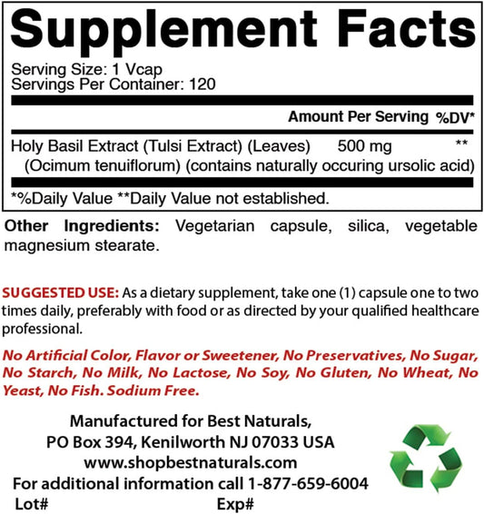 Best Naturals Holy Basil Stress Management 500 Mg 120 Veggie Capsules