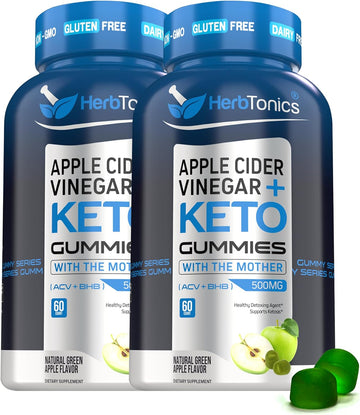 Herbtonics Keto Apple Cider Vinegar Gummies - Digestion & Detox Support - Sugar Free Keto BHB Advanced Formula for Metabolism Boost - Raw ACV with The Mother - 120 Apple Flavor Gummies
