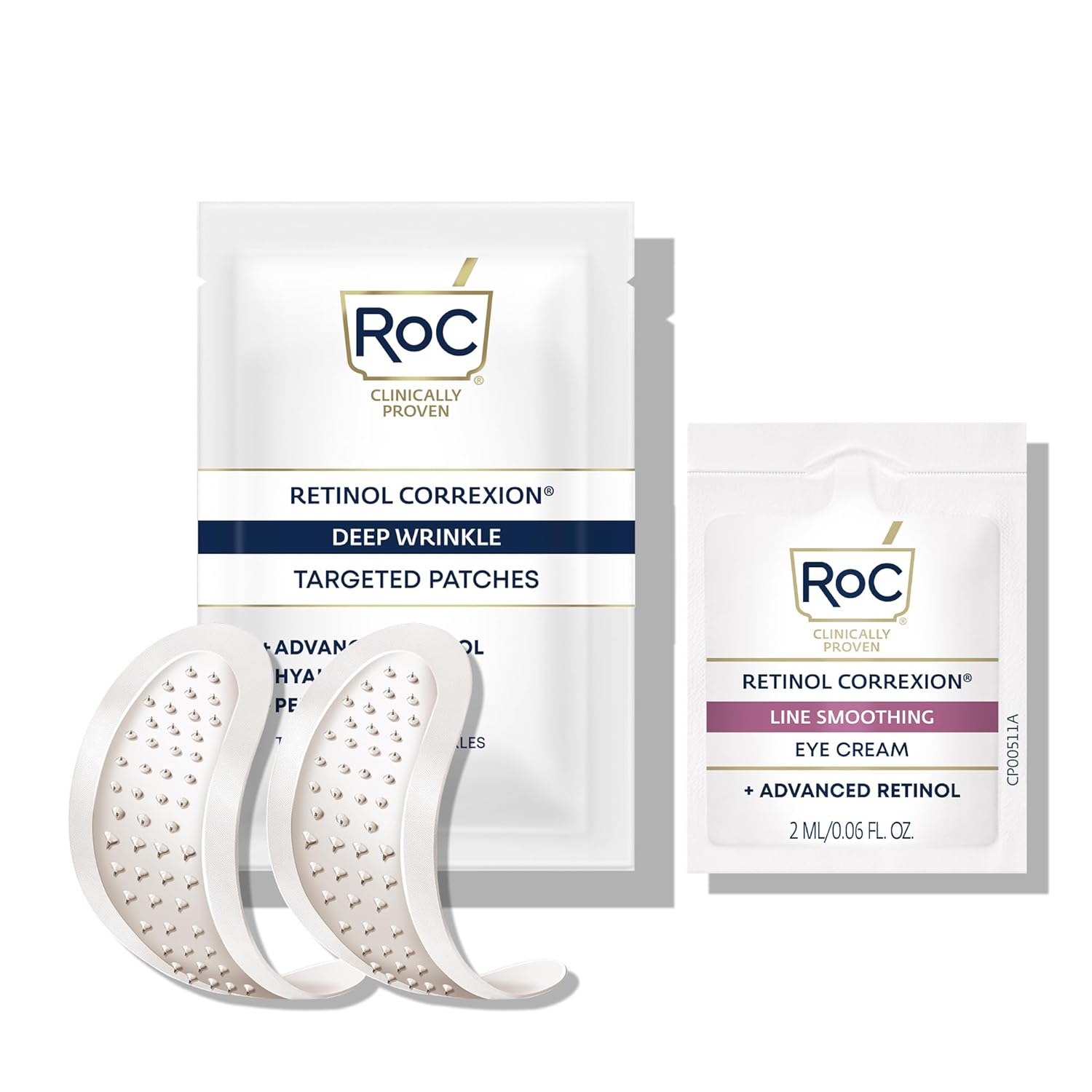 Roc Retinol Correxion Deep Wrinkle Non-Invasive Targeted Patches With Hyaluronic Acid + Firming Peptides For Forehead, 11 Lines, Crow’S Feet And Laugh Lines, (6 Patches) With Retinol Eye Packette