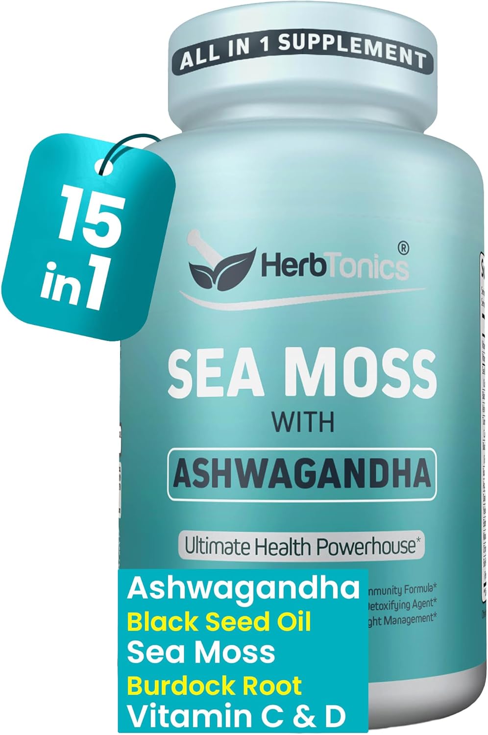 Herbtonics Sea Moss, Black Seed Oil, Ashwagandha, Burdock Root & Acv Complex | Boost Immunity, Reduce Stress, Support Digestion | All-In-One Seamoss Capsules | 60 Capsules