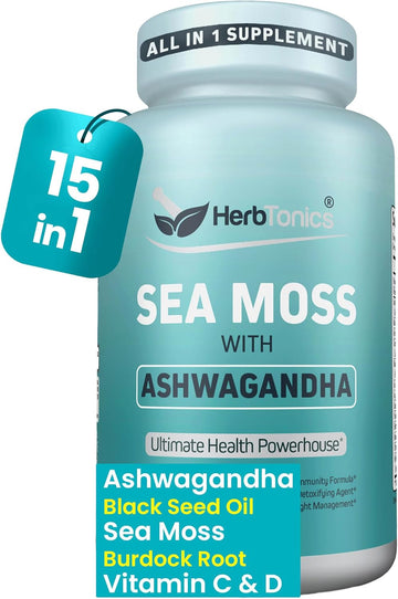 Herbtonics Sea Moss, Black Seed Oil, Ashwagandha, Burdock Root & Acv Complex | Boost Immunity, Reduce Stress, Support Digestion | All-In-One Seamoss Capsules | 60 Capsules