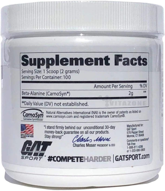 Gat Sport Beta Alanine Powder Unflavored, 200 Grams, Endurance, Performance, Scoop Included, 100 Servings