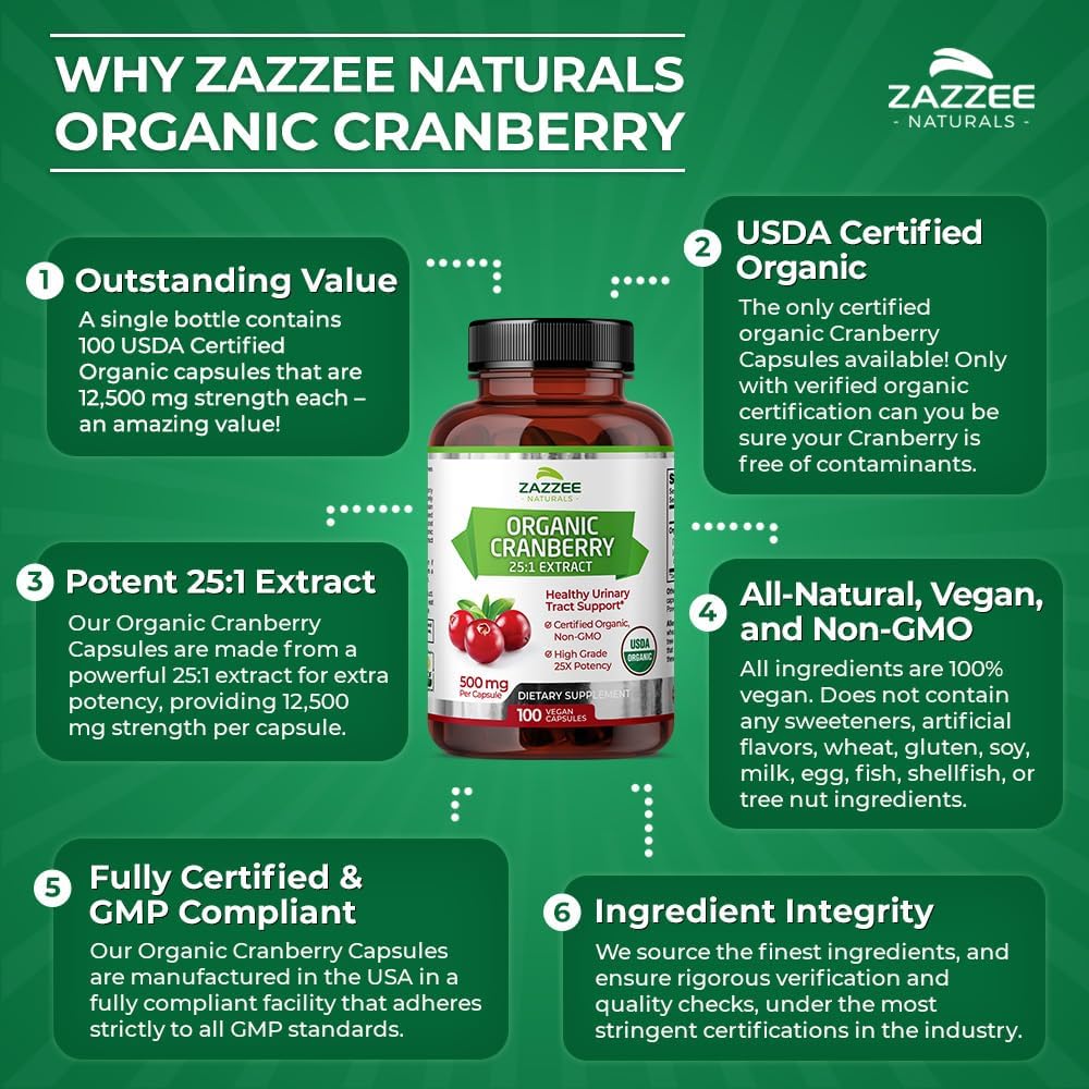 Zazzee USDA Organic Cranberry 25:1 Extract, 12,500 mg Strength, 100 Vegan Capsules, Over 3 Month Supply, Standardized, Concentrated 25X Extract, 100% Vegetarian, Certified Organic, Non-GMO All-Natural : Health & Household