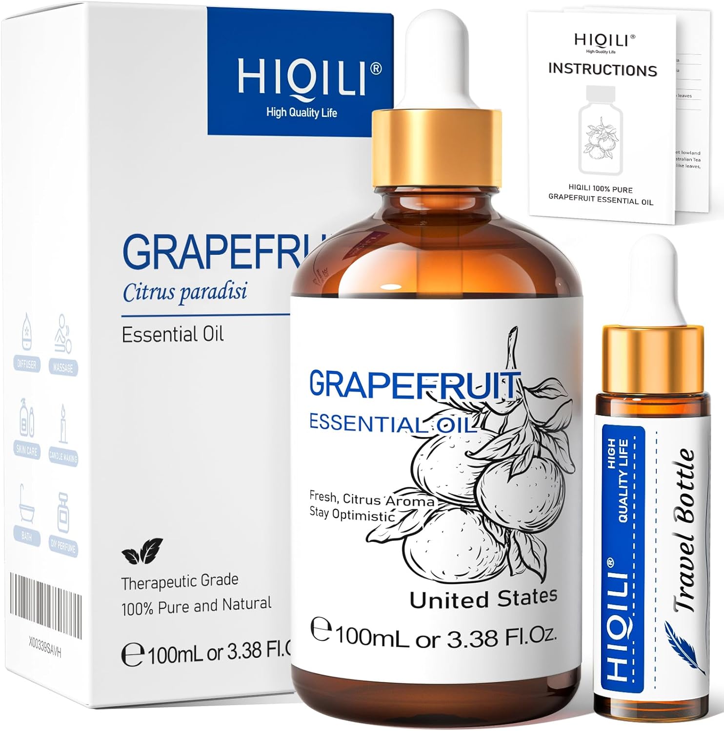 HIQILI Grapefruit Essential Oil 3.38 Fl Oz, Pure Natural Grapefruit Oil for Diffuser, Hair Care - 100ml