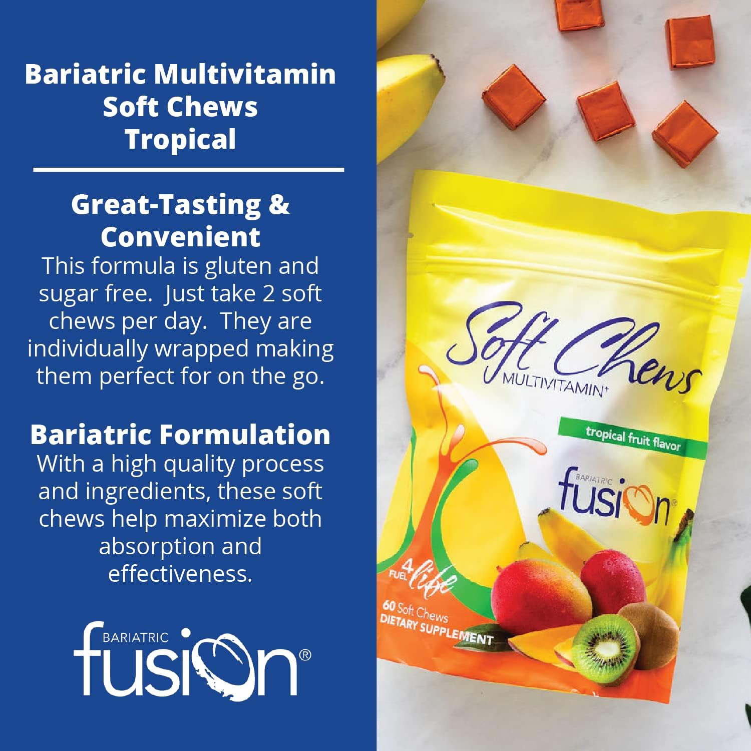 Bariatric Fusion Bariatric Multivitamin Soft Chew | Tropical Fruit Flavor | Chewy For Post Bariatric Surgery Patients Including Gastric Bypass And Sleeve Gastrectomy | 60 Count | 1 Month Supply