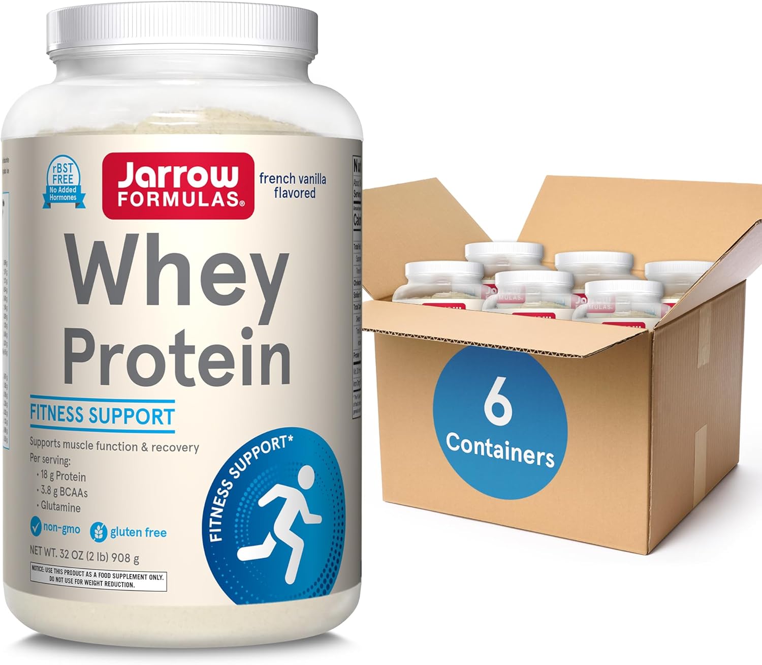 Jarrow Formulas Whey Protein With 18G Of Protein, 3.8G Of Bcaas, & Glutamine, Dietary Supplement For Muscle Function & Recovery Support, 32Oz Vanilla Flavored Powder, Approx. 36 Day Supply, Pack Of 6