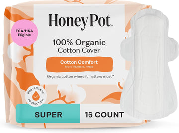 The Honey Pot Company - Sanitary Pads For Women - Non-Herbal Super W/Wings - Organic - Cotton Cover & Ultra-Absorbent Pulp Core - Feminine Care - Fsa & Hsa Eligible - 16 Ct