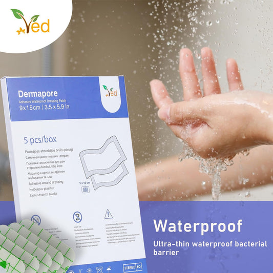 Ved Dermapore Waterproof Adhesive Wound Dressing- Suitable For Cuts And Grazes, Diabetic Leg Ulcers, Venous Leg Ulcers, Small Pressure Sores- Medium,9 X 15Cm (Pack Of 5)