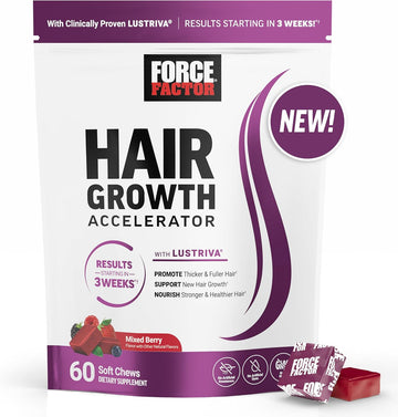 Force Factor Hair Growth Accelerator Soft Chews, Lustriva & Biotin To Promote Thicker, Stronger, Fuller Hair, Hair Growth Vitamins For Women, Clinically Studied, Mixed Berry, 60 Soft Chews
