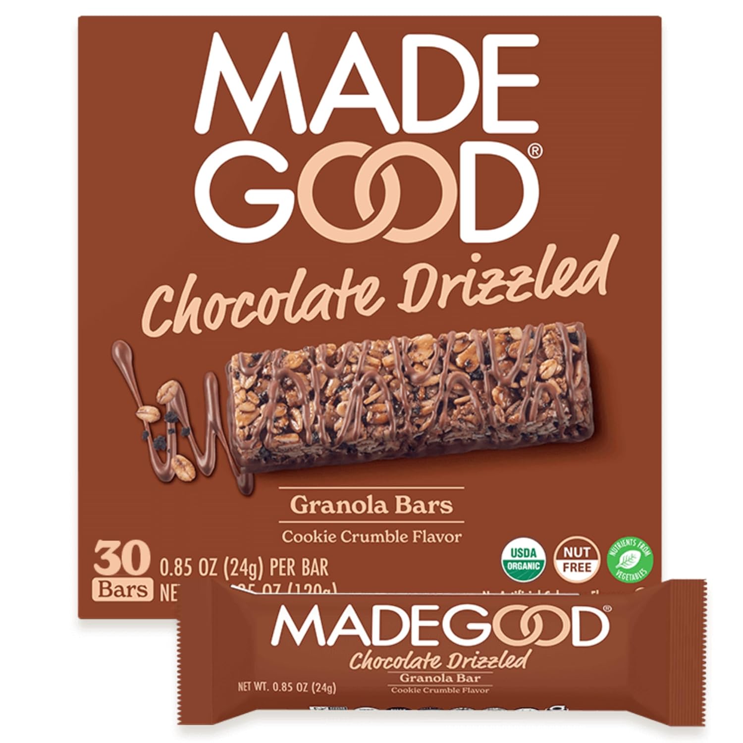 Madegood Chocolate Drizzled Granola Bars, Cookie Crumble (30 Count) Bulk Gluten Free Snacks