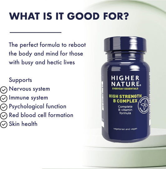 Higher Nature - High Strength - Vitamin B Complex - Reduce Tiredness - Supports Nervous System - Vegan Friendly - 90 Capsules