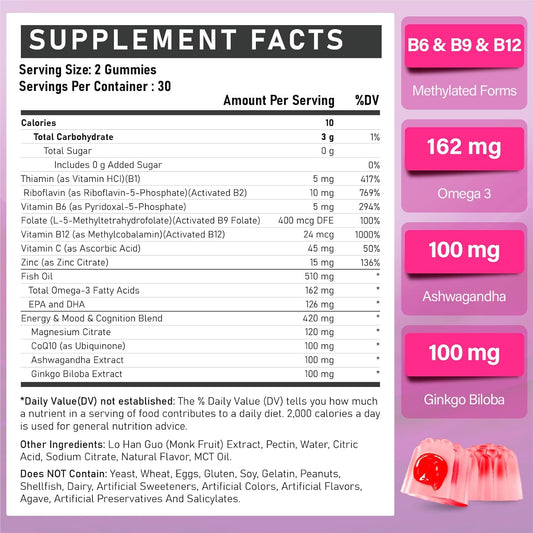 Methylated Multivitamin Gummies For Women - Vitamin B Complex Plus Omega 3, Magnesium Vitamin C & Zinc - Gluten-Free & Vegan Methylated B Vitamins