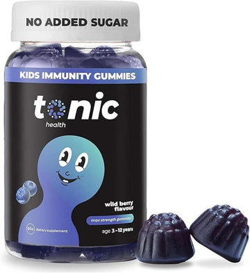 Tonic Health Kids Immunity Gummies - 7 In 1, Elderberry Gummies, No Added Sugar, No Sweeteners, Vitamins C, D And Zinc, Wild Berry Flavour, Month Supply (60 Count), Ages 3-12, Vegan