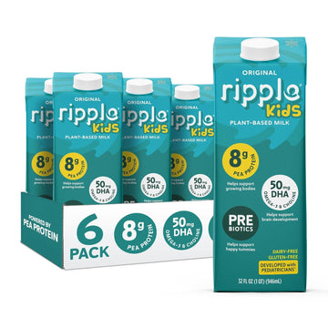 Ripple Kids Original Plant Based Milk | 8G Of Quality Sourced Pea Protein, Calcium Rich | Shelf Stable | Vegan & Non Gmo | Dairy, Soy, Nut, Gluten, & Lactose Free | 32 Fl Oz Cartons (Pack Of 6)