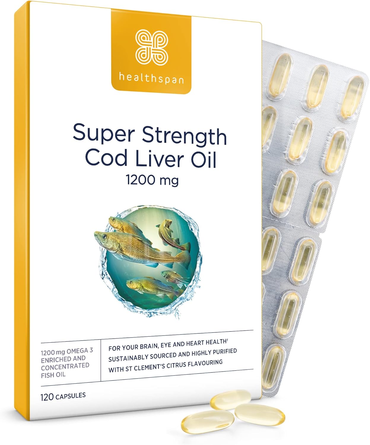 Healthspan Super Strength Cod Liver Oil 1,200Mg (120 Capsules) | Supports Heart, Brain & Eye Health | Added Vitamin A, D3 And Calcium | Rich In Omega-3 Fatty Acids Dha & Epa | Sustainably Sourced