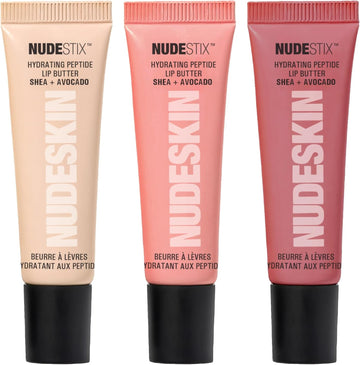 Nudestix Hydrating Peptide Lip Butter Tint Set – 3-Piece Glossy Lip Balm Kit With Avocado, Shea Butter & Peptides | Plumping, Moisturizing Nude Lip Tints | Clean, Vegan & Cruelty-Free