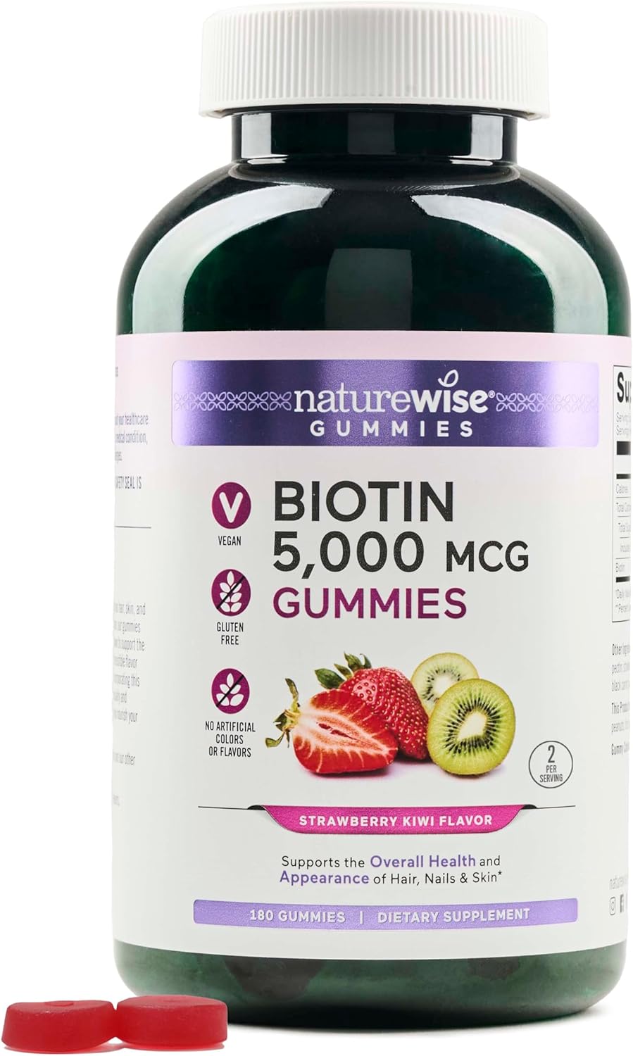 Naturewise Biotin Gummies - Supports Healthy Hair, Skin And Strong Nails - Vitamin B7 5000Mcg - Natural Beauty - Strawberry-Kiwi Flavor - Vegan, Non-Gmo, Gluten Free - 180 Count[90 Day Supply]