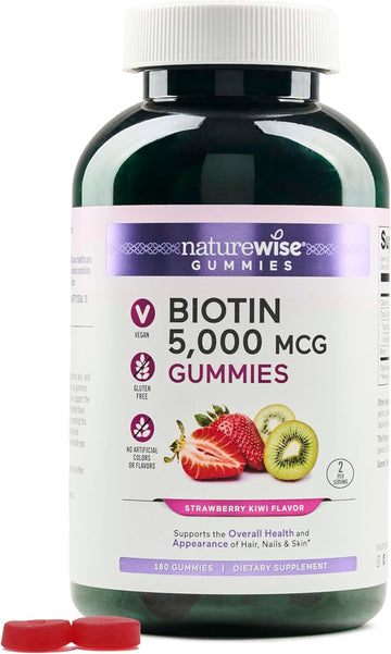 Naturewise Biotin Gummies - Supports Healthy Hair, Skin And Strong Nails - Vitamin B7 5000Mcg - Natural Beauty - Strawberry-Kiwi Flavor - Vegan, Non-Gmo, Gluten Free - 180 Count[90 Day Supply]