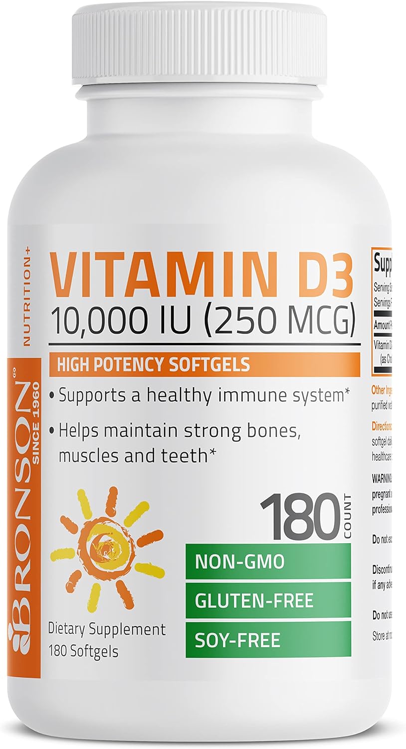 Bronson Vitamin D3 10,000 IU (250 mcg) High Potency - Supports Healthy Immune System, Strong Bones, Muscles & Teeth - Non GMO, 180 Softgels : Health & Household