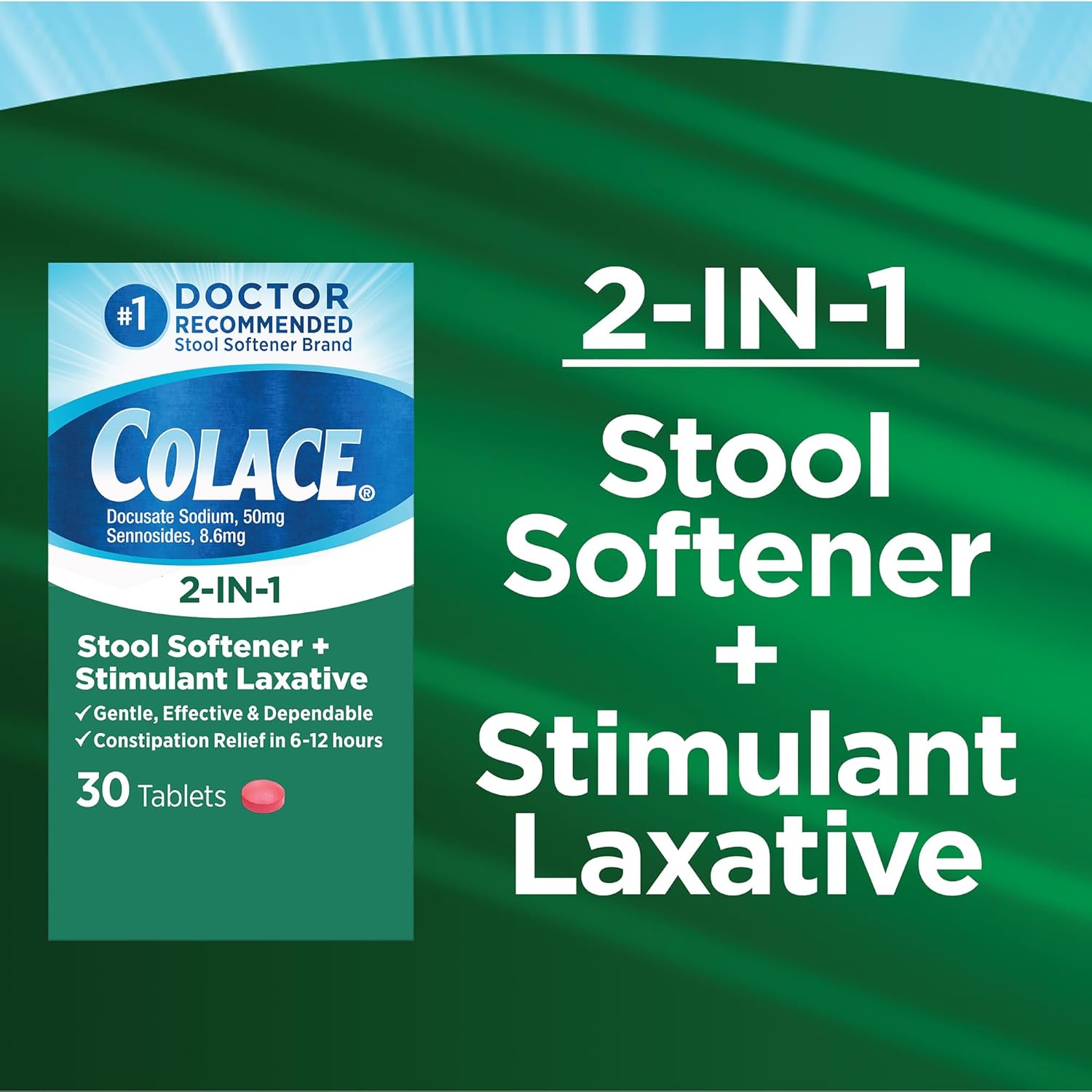 Colace 2-In-1 Stool Softener & Stimulant Laxative Tablets, Gentle Constipation Relief In 6-12 Hours, 30 Count : Health & Household