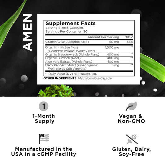 Amen Sea Moss Supplement - 1000Mg Organic Irish Sea Moss, Bladderwrack, Burdock - Vitamin C, Aloe Vera, Black Pepper - Seaweed Superfood, Vitamins, Minerals, And Antioxidants - Non-Gmo - 90 Capsules