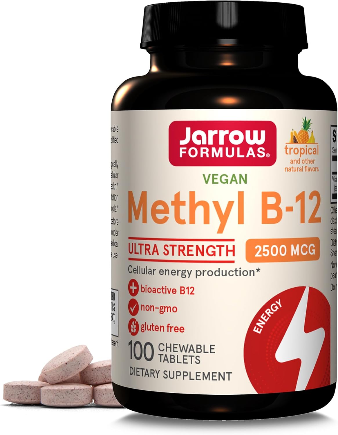 Jarrow Formulas Ultra Strength Methyl B-12 2500Mcg, Dietary Supplement For Cellular Energy Production And Brain Health Support, 100 Tropical-Flavored Chewable Tablets, 100 Day Supply