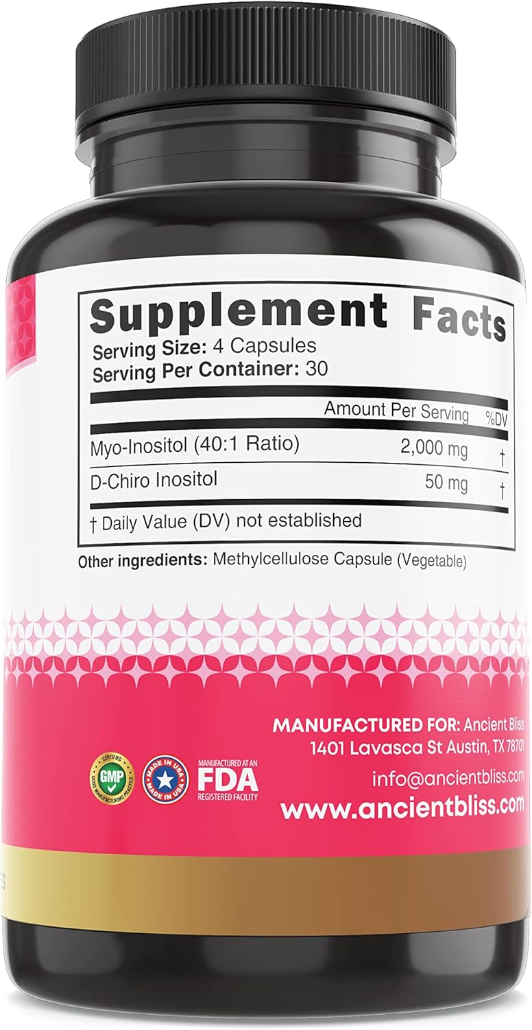 Ancient Bliss Myo & D-Chiro Inositol Supplement, 40 To 1 Ratio, Helps In Ovarian Function Support For Women, Vitamin B8 Helps To Regulate Menstrual Cycle, 2050Mg Per Serving, 120 Vegan Capsules : Health & Household
