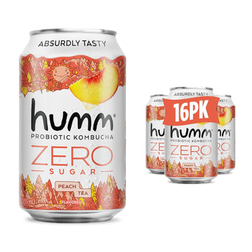 Humm Probiotic Kombucha Zero Sugar Peach Tea, No Refrigeration Needed, Keto Friendly, Organic, Vegan, Gluten Free, 12Oz Cans (16 Pack)