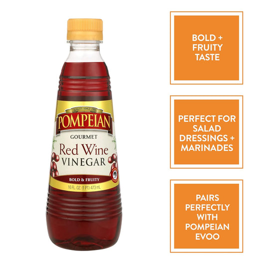 Pompeian Gourmet Red Wine Vinegar, Perfect For Salad Dressings, Marinades & Sauces, Naturally Gluten Free, 16 Fl. Oz (Pack Of 6)