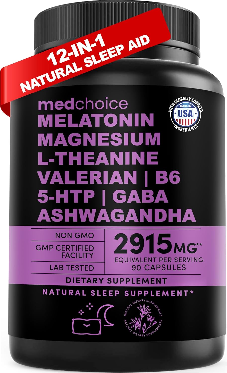 12-In-1 Melatonin Capsules - Melatonin 5Mg Natural Sleep Aids For Adults - Magnesium Glycinate 500Mg, Ashwagandha, L Theanine, Valerian Root, Gaba, 5-Htp, Sleep Supplement For Adults (90 Ct)