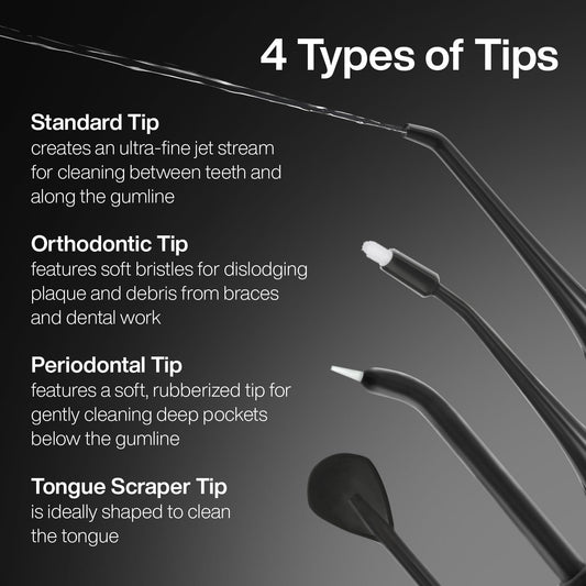 Aquasonic Icon Water Flosser Replacement Tips - 5 Tips, 4 Types: Standard, Periodontal, Orthodontic & Tongue Scraper - Genuine, Authentic Parts (Navy)
