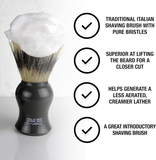 Men-Ü Barbiere Pure Bristle Shaving Brush (Black)– Traditional Shaving Brush Set From Italy - Pure Bristles. A Great Introductory Shaving Brush. Includes 15Ml Shave Cream Tube
