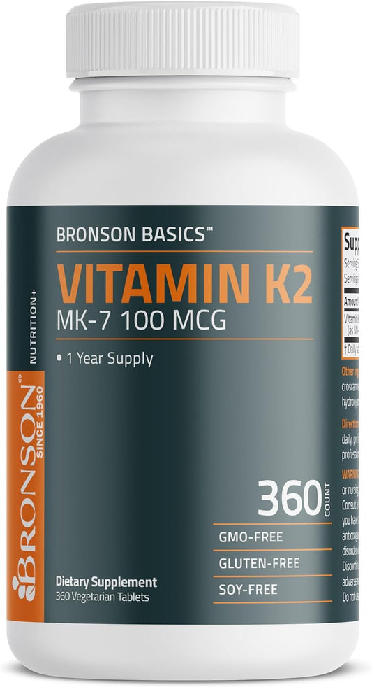 Bronson Vitamin K2 Mk-7 100 Mcg, K2 As Mk7 Menaquinone, Bone Support 1 Year Supply, 360 Tablets