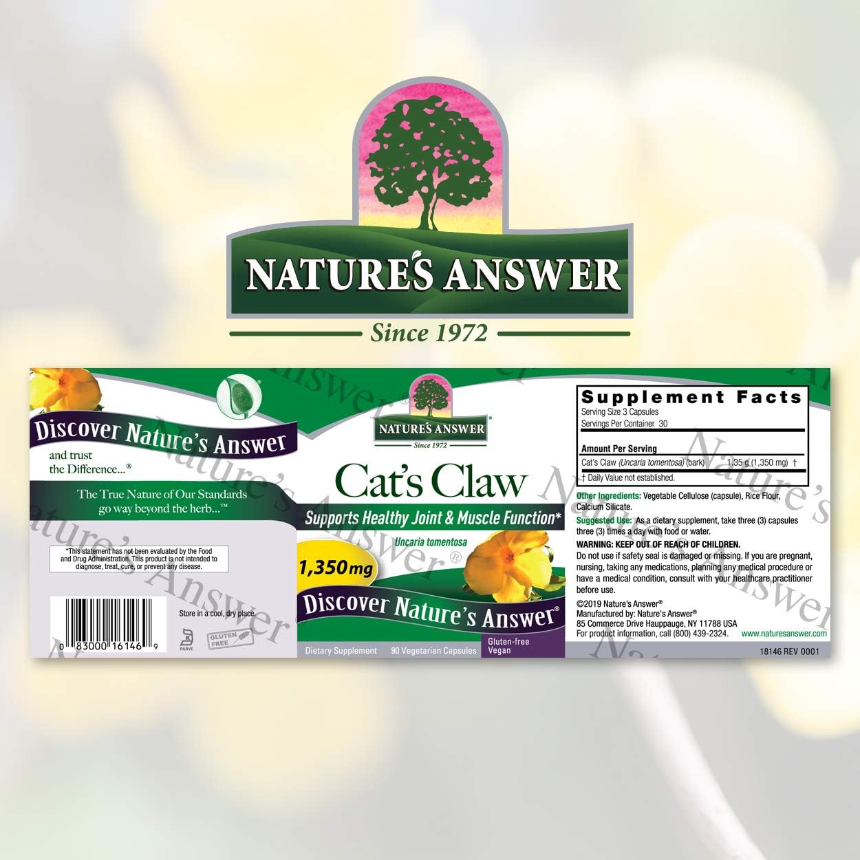 Nature's Answer Cat's Claw Inner Bark 1350mg 90-Capsules | Full Spectrum Herb | Supports Joint & Muscle Function | Gluten-Free, Vegan/Vegetarian & Kosher Certified | Single Count