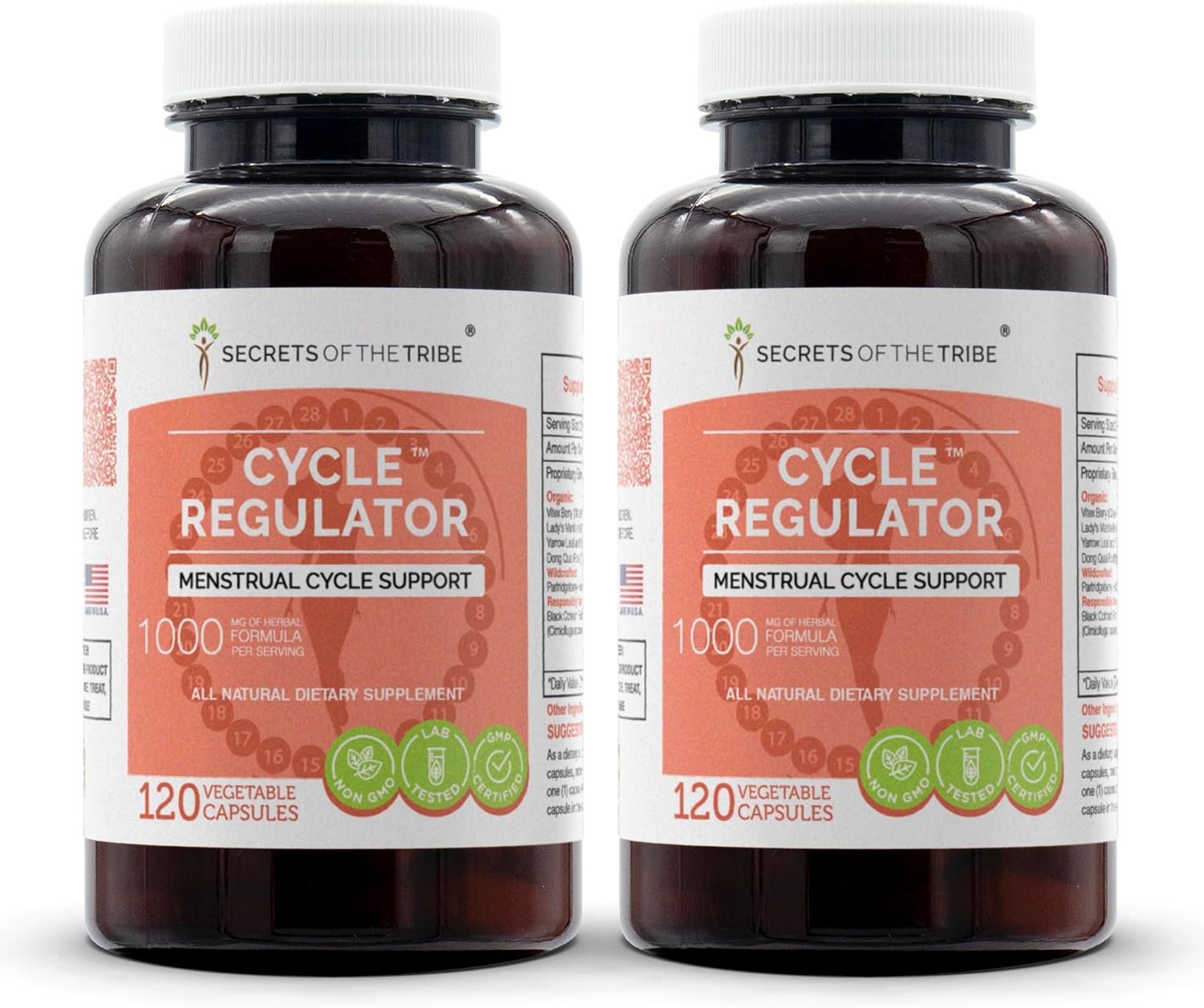 Secrets of the Tribe Cycle Regulator 120 Capsules(2 pcs.), 1000 mg, Vitex,Partridgeberry, Lady's Mantle, Black Cohosh, Yarrow, Dong Quai. Women's Health Formula (2x120 Capsules)