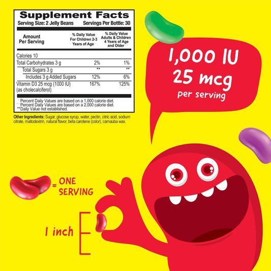 Kids Vitamin D 1000 IU Jelly Beans - Tasty Natural Strawberry Flavor, Vegetarian, GMO-Free, Gluten Free, Nut Free Vitamins - Dietary Supplement for Immune Support - for Children - 60 Jellies