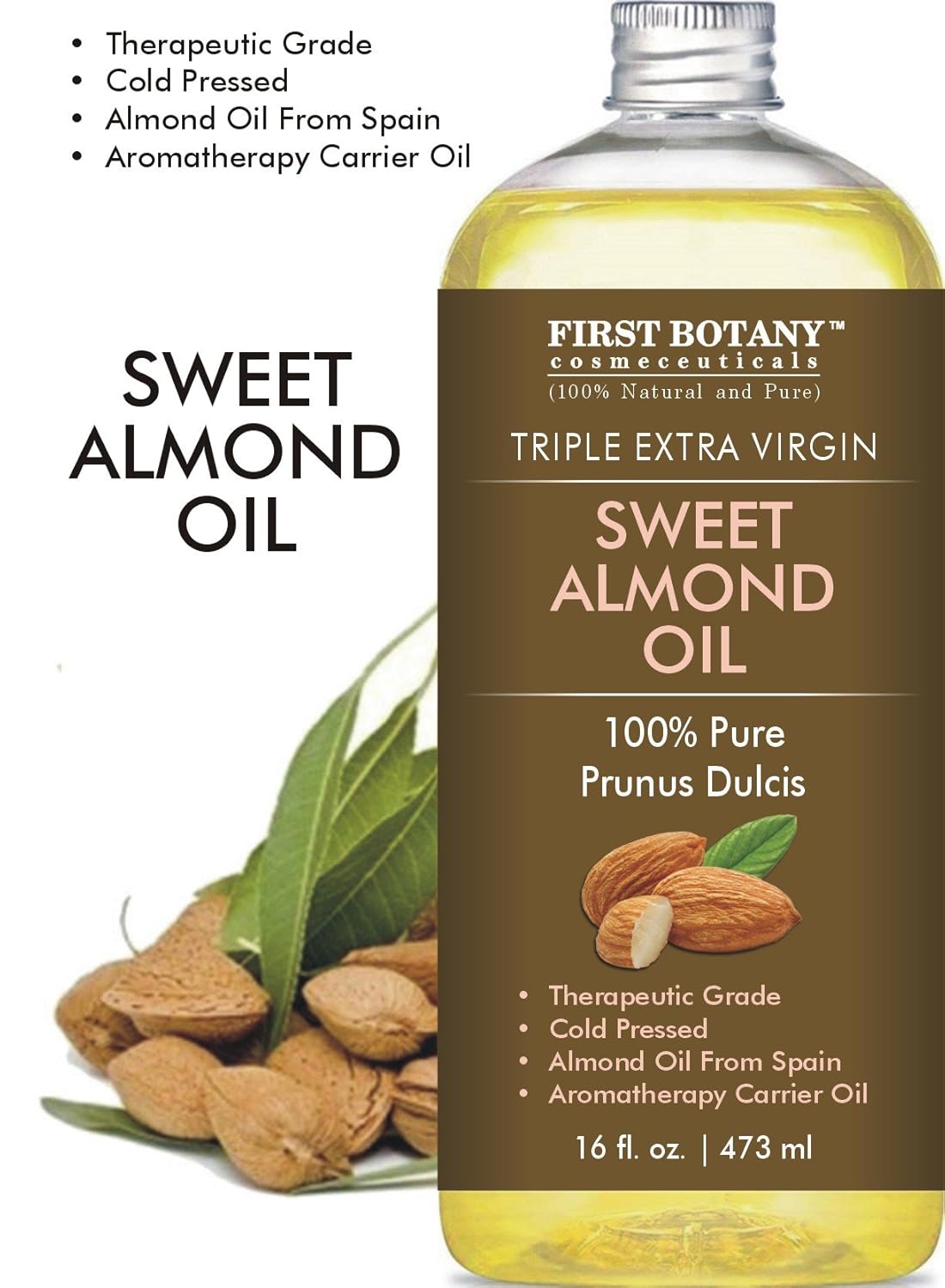 First Botany Cosmeceuticals, Cold Pressed Sweet Almond Oil - Triple AAA+ Grade Quality, For Hair, For Skin and For Face, 100% Pure and Natural with Pump dispenser, 16 fl oz : Beauty & Personal Care