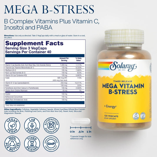 Solaray Mega Vitamin B-Stress, Timed-Release Vitamin B Complex With 1000 Mg Of Vitamin C For Stress, Energy, Red Blood Cell & Immune Support, 60 Day Guarantee, Vegan, 40 Servings, 120 Vegcaps
