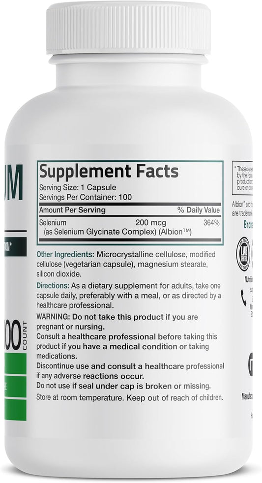 Bronson Selenium 200 Mcg – Yeast Free Chelated Amino Acid Complex - Essential Trace Mineral With Superior Absorption, 100 Vegetarian Capsules